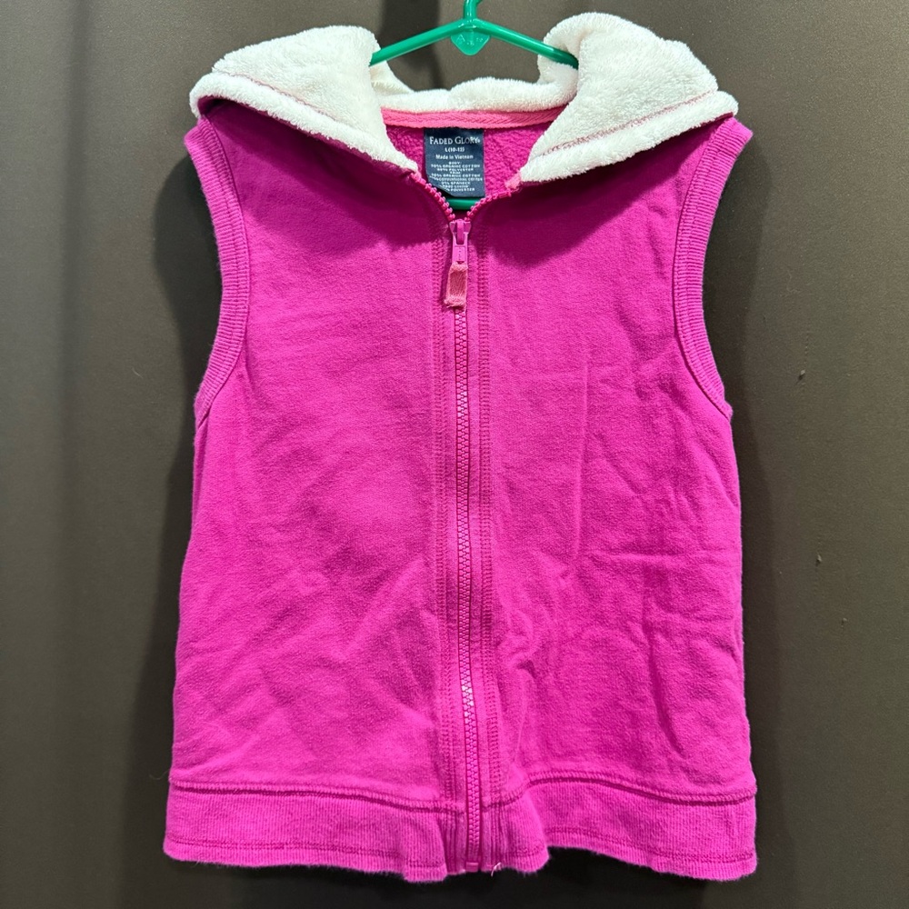 Girls Faded Glory Pink Hoodie Vest, Sherpa Lined Hood, Size L (10-12)